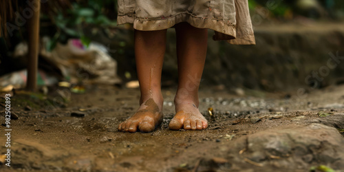 A close-up of a child's bare feet standing on a dirt path photo