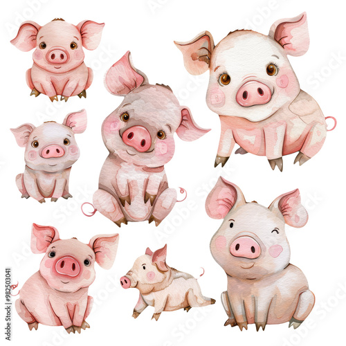 Piglets in Cute Positions Isolated on Transparent Background. Pigs in Different Poses Illustrations photo