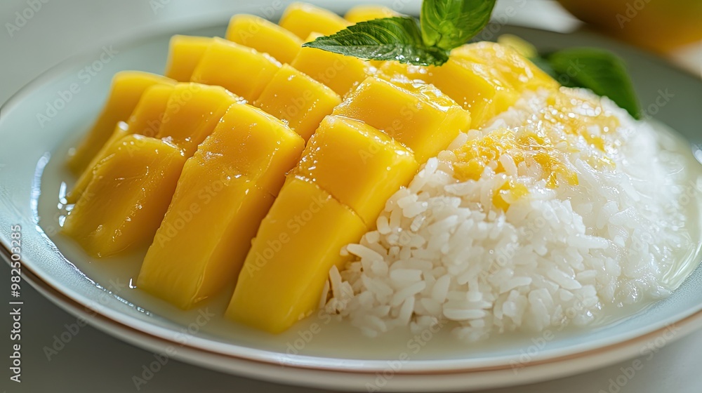 A beautifully plated serving of mango sticky rice, with ripe mango slices fanned out next to the glistening sticky rice drizzled with coconut milk. A beautifully plated serving of mango sticky rice, with ripe mango slices fanned out next to the glistening sticky rice drizzled with coconut milk.