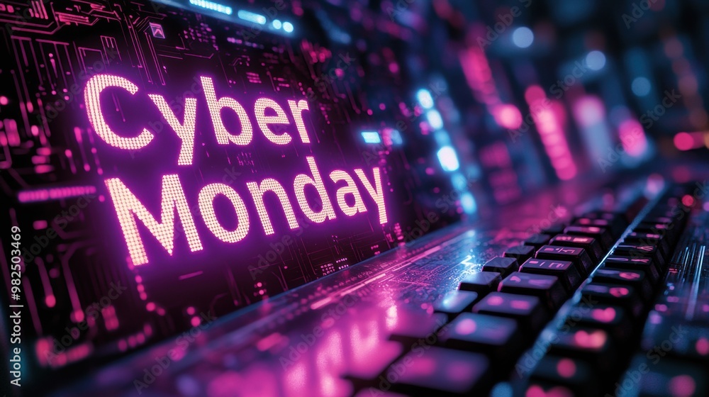 Cyber monday neon sign appearing on futuristic circuit board Cyber monday neon sign appearing on futuristic circuit board
