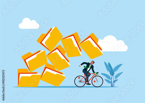 Frustrated businessman with bicycle running away from collapsing stack of files folders. Problem too many folders. Modern vector illustration in flat style