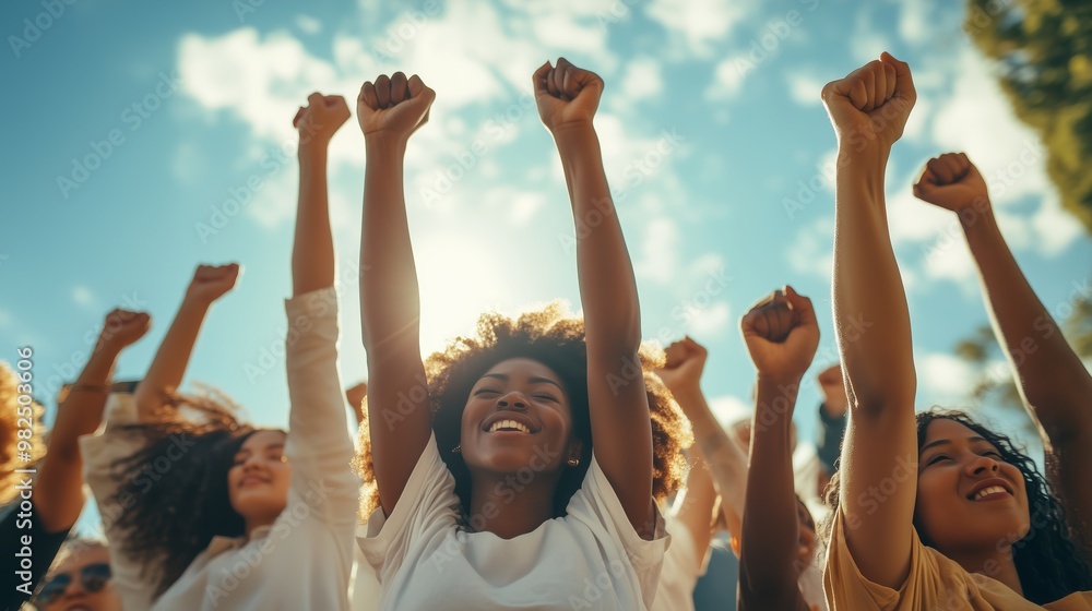 People celebrating with raised fists against a clear sky at a cultural festival in a vibrant outdoor setting People celebrating with raised fists against a clear sky at a cultural festival in a vibrant outdoor setting