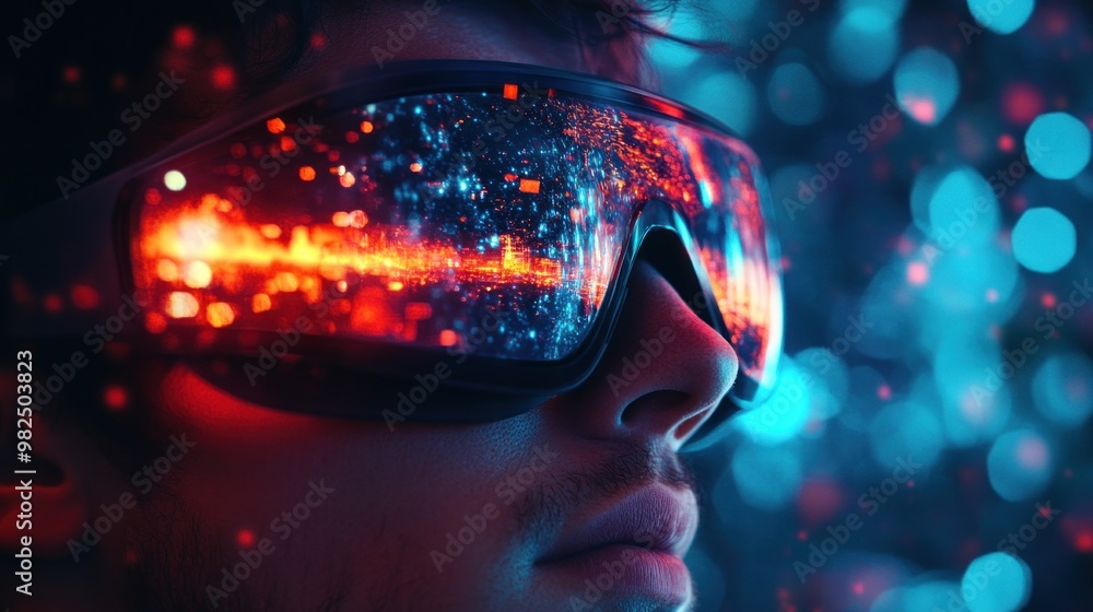 A young man wearing futuristic goggles with a cityscape reflected in the lenses. The goggles are illuminated by red and blue lights, creating a sense of mystery and excitement. A young man wearing futuristic goggles with a cityscape reflected in the lenses. The goggles are illuminated by red and blue lights, creating a sense of mystery and excitement.