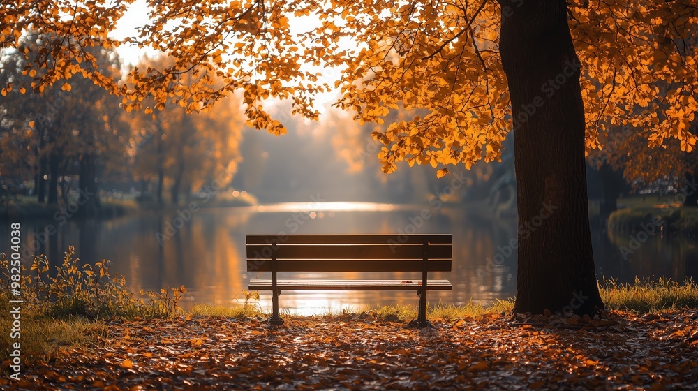 Serene Bench by Quiet Lake in Autumn Dawn Light Serene Bench by Quiet Lake in Autumn Dawn Light