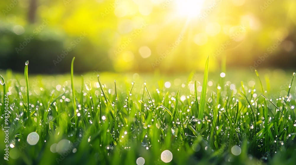Fototapeta premium Close-up of Dew-covered Grass Blades with Sunlit Bokeh Background