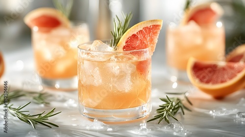 Refreshing grapefruit cocktails in crystal clear glasses are artfully arranged on a white marble countertop, garnished with grapefruit slices and rosemary, perfect for a high-end bar ambiance.