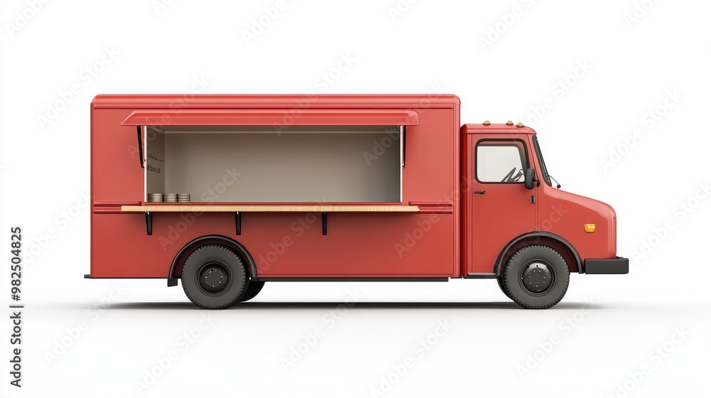 Realistic food truck isolated on a white background, ready for branding or design purposes with ample space for logos and graphics. Realistic food truck isolated on a white background, ready for branding or design purposes with ample space for logos and graphics.