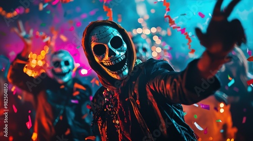 A colorful, vibrant scene featuring people in skull masks celebrating with confetti, embodying a festive, spooky atmosphere.