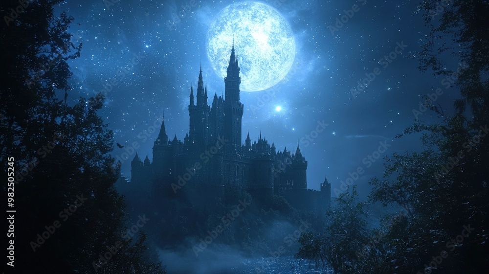 Fototapeta premium A dark, mystical castle looms under a bright moon, surrounded by trees and mist, creating an enchanting, atmospheric scene.
