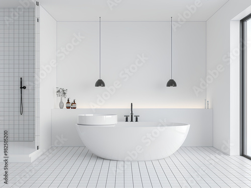 Wallpaper Mural modern bathroom with bathtub and double sink on white wall background, floor to ceiling mirror frame. Minimalist style interior design concept Torontodigital.ca