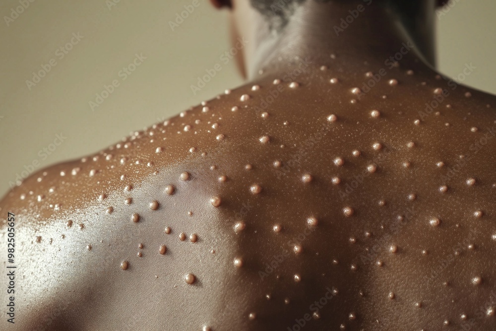 A back covered with a mix of small and large raised bumps, highlighting skin texture and pores A back covered with a mix of small and large raised bumps, highlighting skin texture and pores