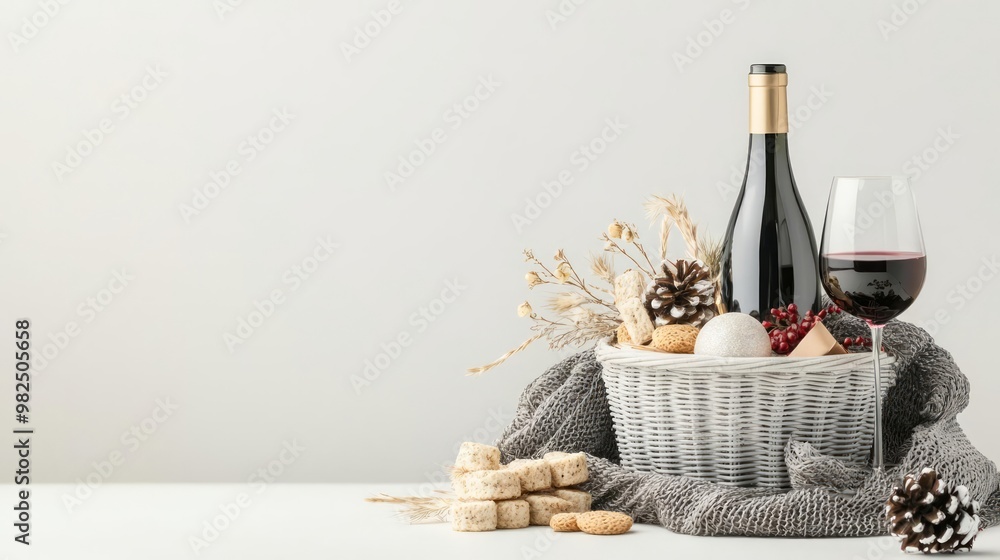 Naklejka premium A holiday gift basket with wine and snacks, cozy style, warm tones, isolated on white background