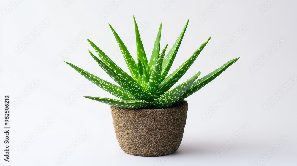 A green aloe vera plant is shown against a plain white backdrop. A green aloe vera plant is shown against a plain white backdrop.