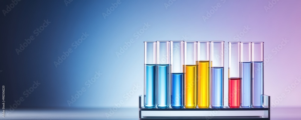 Group of test tubes with different colored liquids, arranged in a lab holder, placed on a gradient background transitioning from dark blue to light purple Group of test tubes with different colored liquids, arranged in a lab holder, placed on a gradient background transitioning from dark blue to light purple