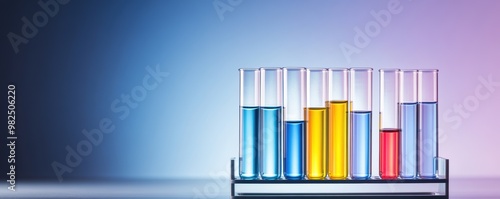 Group of test tubes with different colored liquids, arranged in a lab holder, placed on a gradient background transitioning from dark blue to light purple