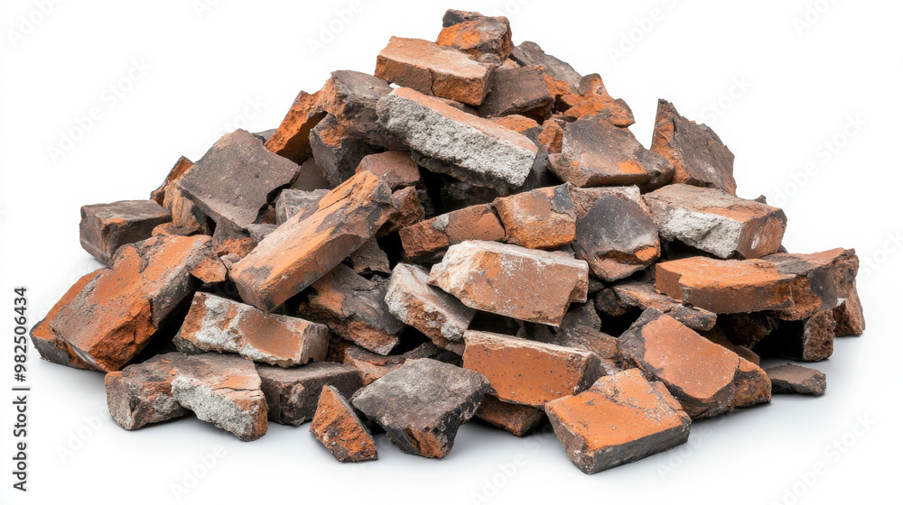 A pile of weathered and broken red bricks stacked haphazardly, showing signs of wear and age, commonly used for construction or recycling.
