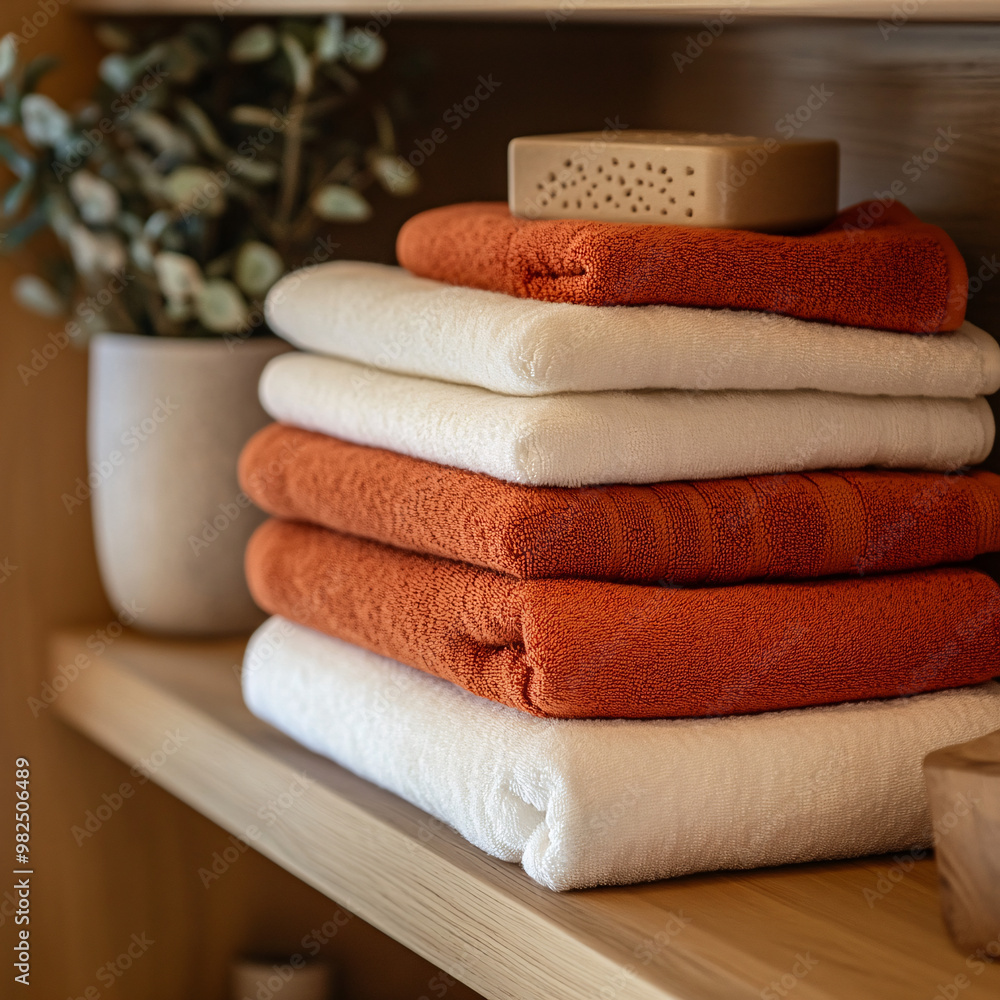 Folded Towels in Warm Earthy Tones on a Wooden Shelf with Cozy Home Decor Elements, Neatly Organized Linens in Rustic Interior Setting Folded Towels in Warm Earthy Tones on a Wooden Shelf with Cozy Home Decor Elements, Neatly Organized Linens in Rustic Interior Setting