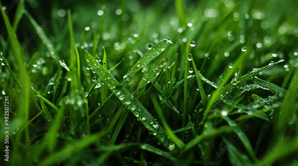 Dewdrops on Lush Green Blades of Grass