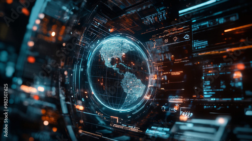 A futuristic image with a hologram of Earth, showing the globe and highlighting modern technology. It suggests advanced software, energy monitoring, and a focus on innovation.