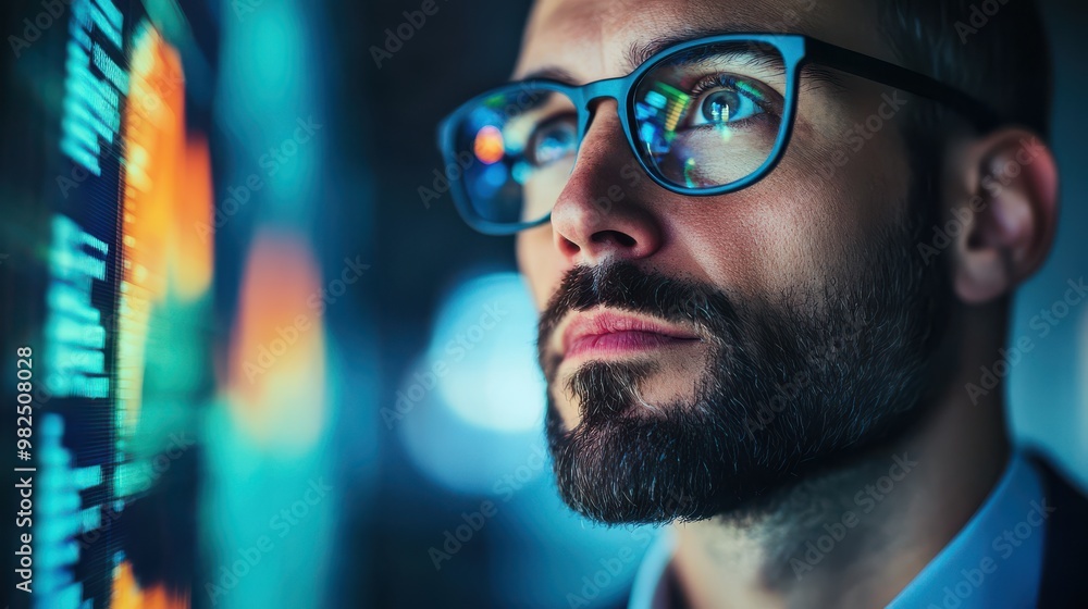 Focused Business Leader in Glasses Concentrating on Financial Data Analysis Focused Business Leader in Glasses Concentrating on Financial Data Analysis