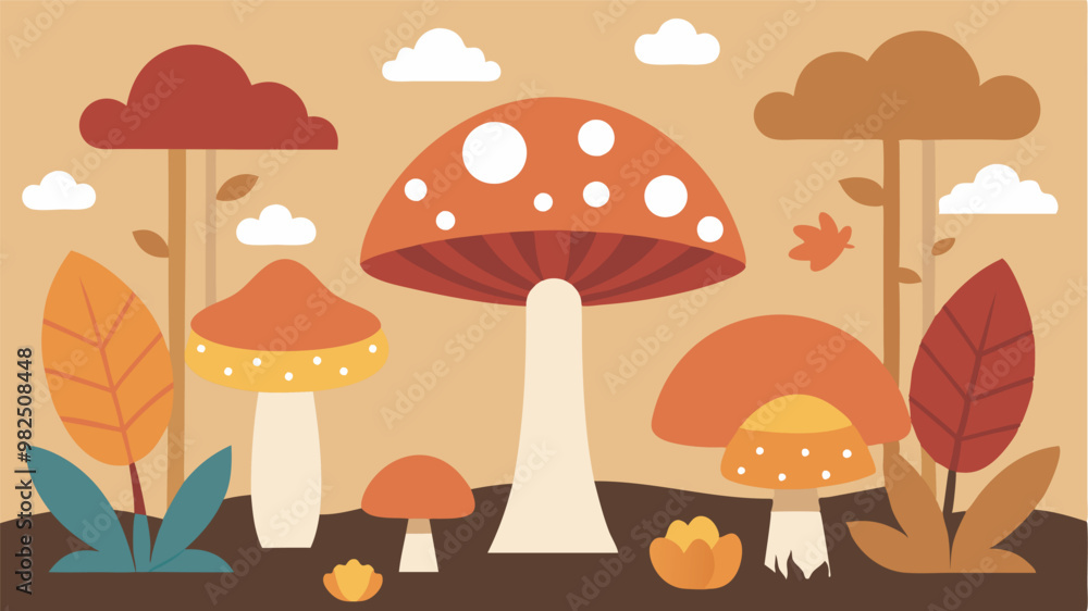 Vibrant forest scene with mushrooms of different sizes and colors, set in a warm ambiance with rich earthy tones. Vibrant forest scene with mushrooms of different sizes and colors, set in a warm ambiance with rich earthy tones.
