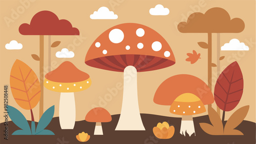 Vibrant forest scene with mushrooms of different sizes and colors, set in a warm ambiance with rich earthy tones.