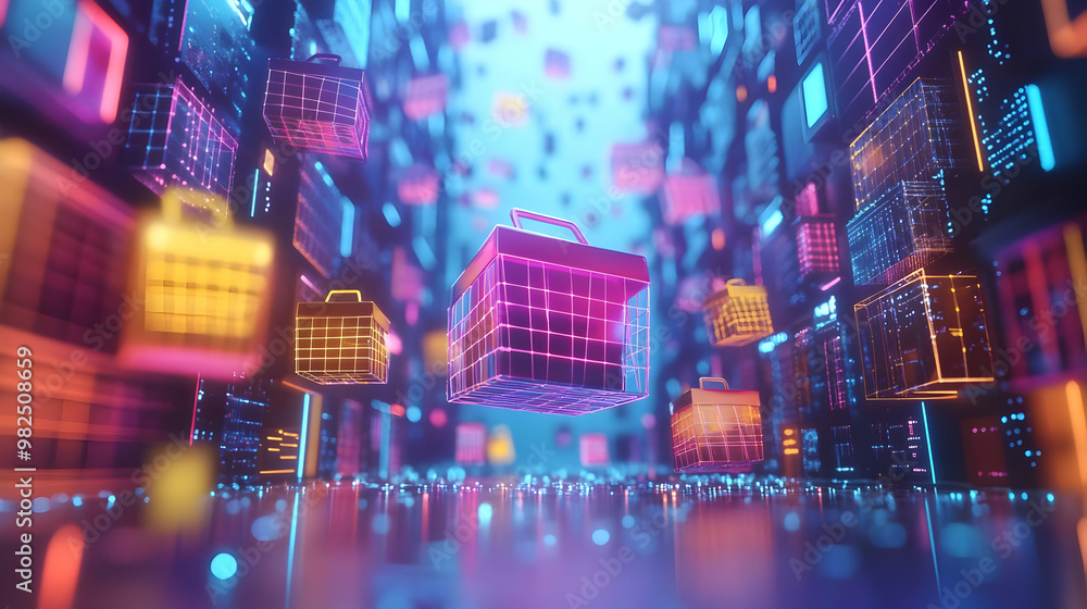 3D Glowing Abstract Retail Art with Shopping Icons - Vibrant Digital Design for E-Commerce Promotions on Isolated White Background 3D Glowing Abstract Retail Art with Shopping Icons - Vibrant Digital Design for E-Commerce Promotions on Isolated White Background