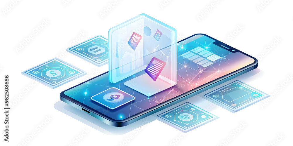 Flat Glossy Smartphone with Floating Holographic Business & Coupon Symbols � Ideal Vector Illustration for Mobile Business Promotions and Promotional Content Flat Glossy Smartphone with Floating Holographic Business & Coupon Symbols � Ideal Vector Illustration for Mobile Business Promotions and Promotional Content