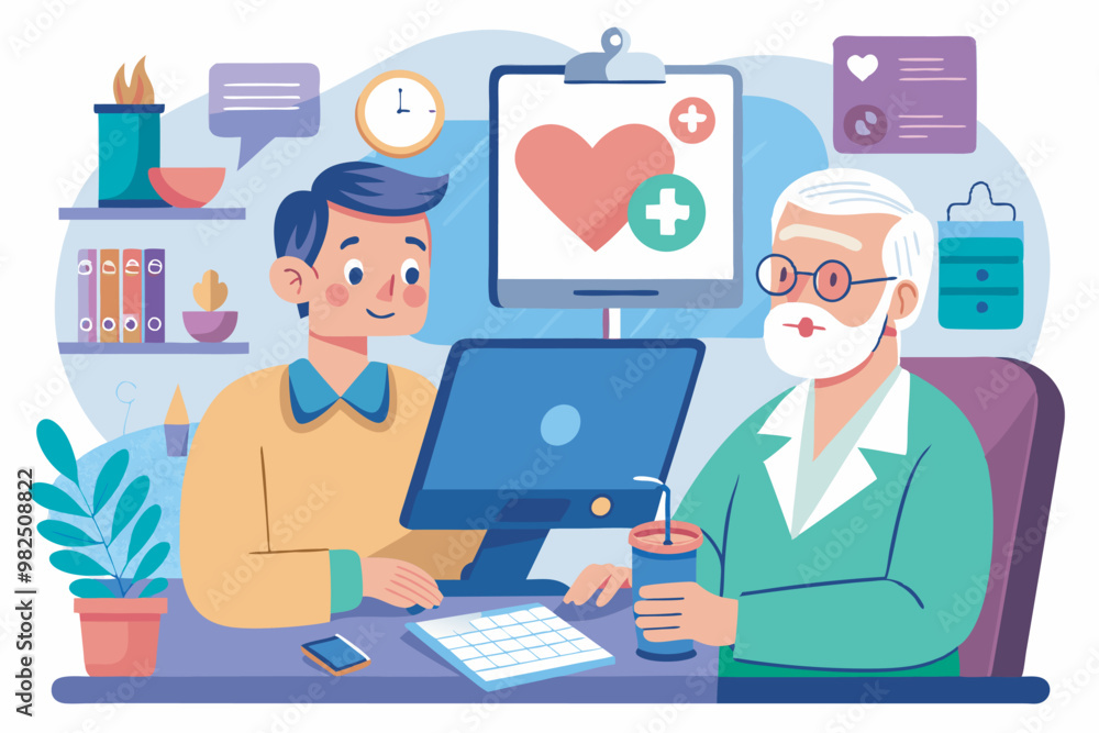 An image of a doctor-patient consultation in a cluttered medical office. Doctor and patient chat by a desk with healthcare symbols, forming a typical medical setting. An image of a doctor-patient consultation in a cluttered medical office. Doctor and patient chat by a desk with healthcare symbols, forming a typical medical setting.