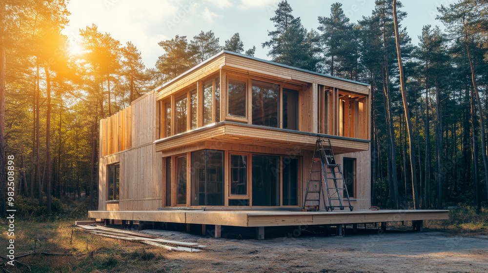 A wooden house frame being built in a suburban area, showcasing early stages of home construction against a clear blue sky.
