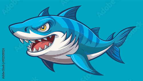 Vivid digital drawing of a fierce blue shark with white stripes, yellow eyes, and sharp teeth. Dynamic pose suggests movement and aggression.
