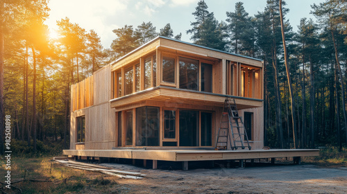 A wooden house frame being built in a suburban area, showcasing early stages of home construction against a clear blue sky. 