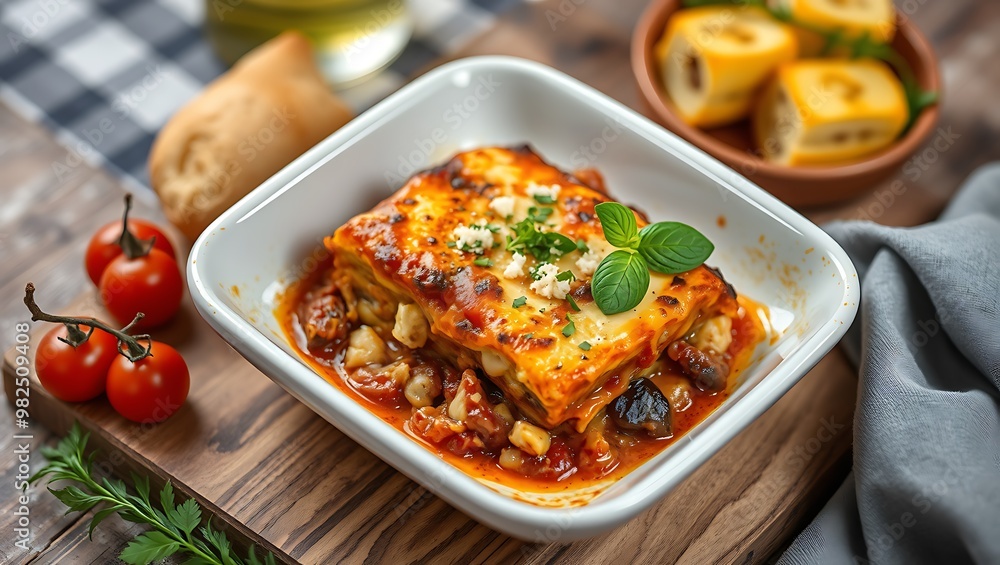 Delicious traditional Greek moussaka with beef mince, eggplant and bechamel sauce Delicious traditional Greek moussaka with beef mince, eggplant and bechamel sauce