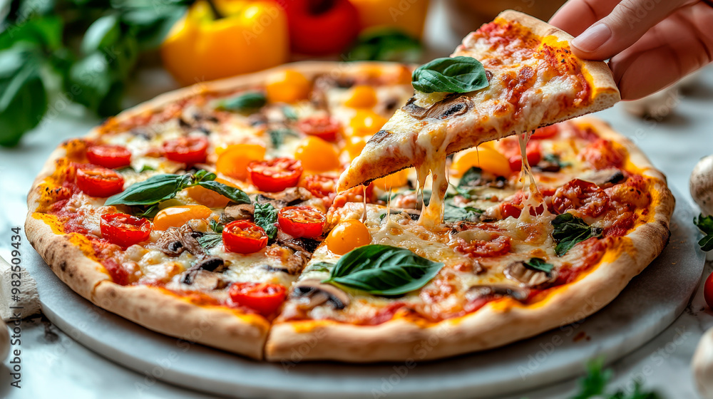 An aerial view of a single pizza with various types of meat, mushrooms, and vegetables on it. A hand is removing a slice from the top right corner to reveal the interior. An aerial view of a single pizza with various types of meat, mushrooms, and vegetables on it. A hand is removing a slice from the top right corner to reveal the interior.