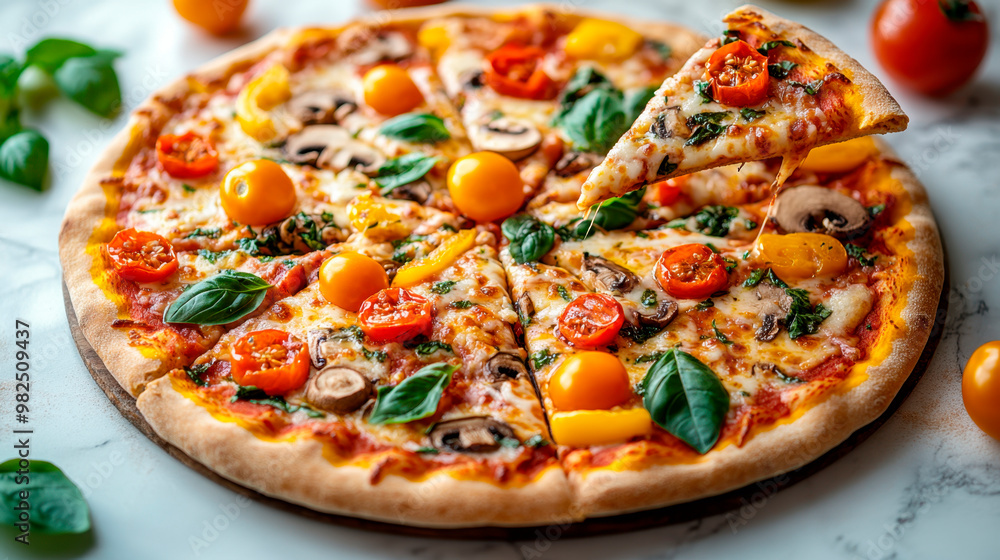 An aerial view of a single pizza with various types of meat, mushrooms, and vegetables on it. A hand is removing a slice from the top right corner to reveal the interior. An aerial view of a single pizza with various types of meat, mushrooms, and vegetables on it. A hand is removing a slice from the top right corner to reveal the interior.
