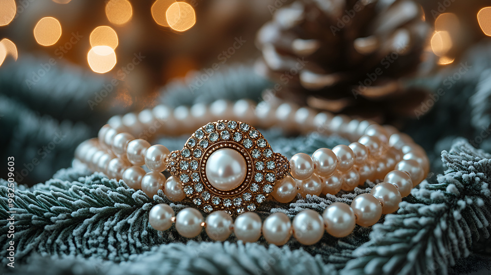 A stunning pearl necklace adorned with a sparkling gem-encrusted clasp is beautifully placed on a frosted evergreen branch. Background is warm, golden bokeh lights, adding a festive and luxurious feel A stunning pearl necklace adorned with a sparkling gem-encrusted clasp is beautifully placed on a frosted evergreen branch. Background is warm, golden bokeh lights, adding a festive and luxurious feel