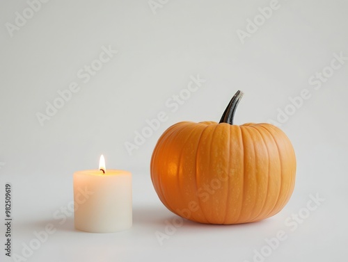 A simple pumpkin beside a lit candle, creating a cozy and inviting autumn atmosphere.