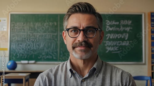 male teacher wearing glasses in front of blackboard