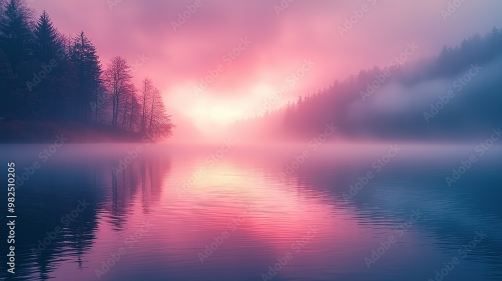 Serene Sunset Reflection Over Misty Lake Serene Sunset Reflection Over Misty Lake