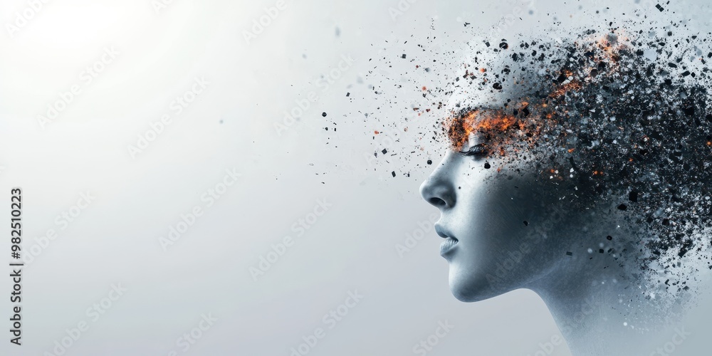 A conceptual image of a human head disintegrating, symbolizing the fragmentation of thoughts and identity in a digital age. A conceptual image of a human head disintegrating, symbolizing the fragmentation of thoughts and identity in a digital age.