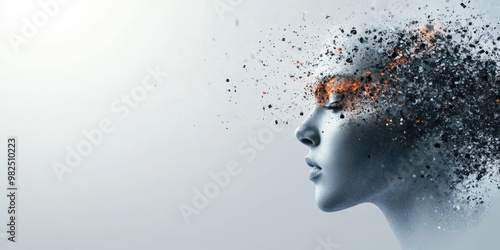 A conceptual image of a human head disintegrating, symbolizing the fragmentation of thoughts and identity in a digital age.