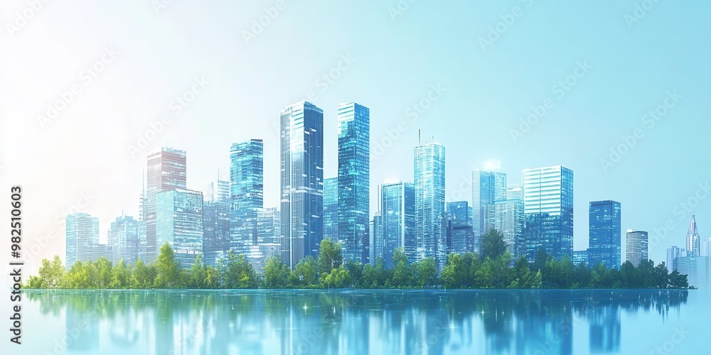 A futuristic city skyline with modern skyscrapers reflecting in serene water, surrounded by lush greenery under a clear blue sky. A futuristic city skyline with modern skyscrapers reflecting in serene water, surrounded by lush greenery under a clear blue sky.