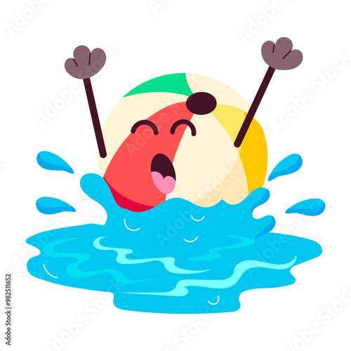 Drowning beach ball with emoji, flat sticker 