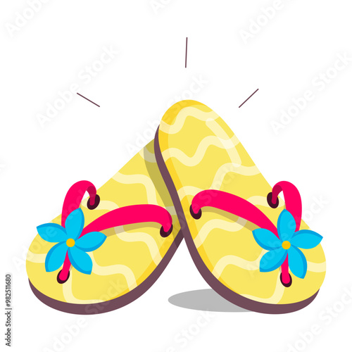 A flat style sticker of floral beach slippers 

