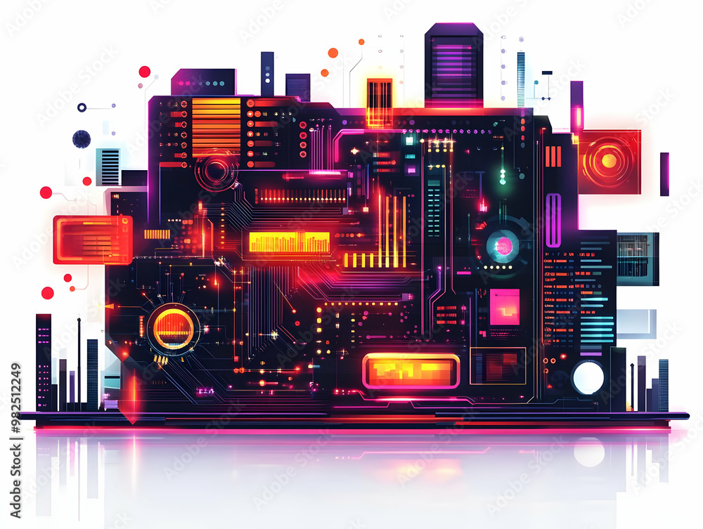 Obraz premium Flat Glowing Abstract Financial Circuit Board: Futuristic Digital Art with Financial Symbols in Modern Finance - Vector Illustration