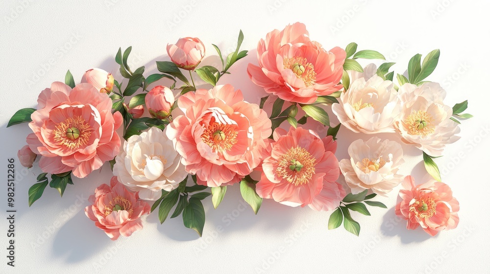 Lush 3D Rendered Blooming Peonies with Intricate Shading on White Background Lush 3D Rendered Blooming Peonies with Intricate Shading on White Background
