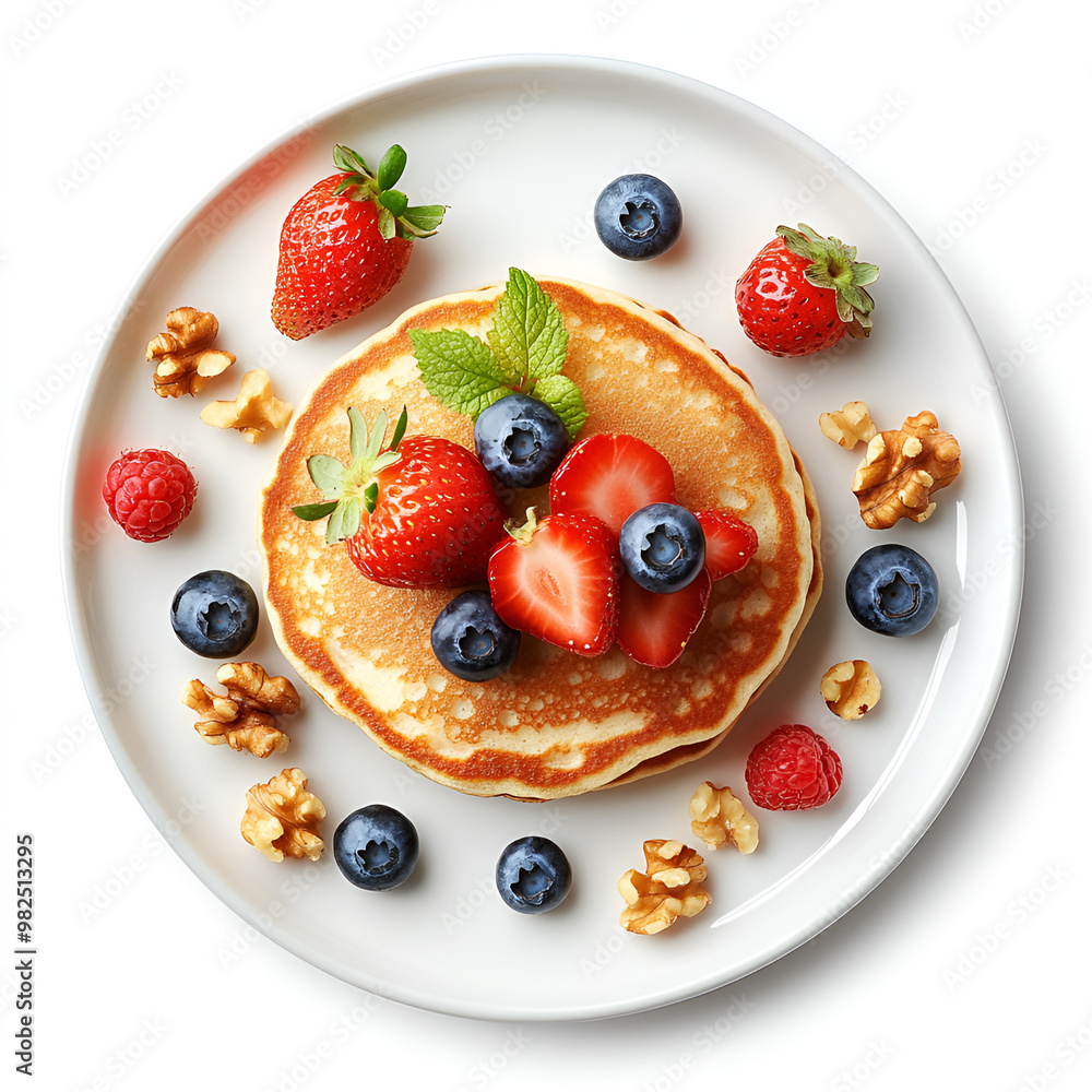 Photo of hot pancakes with fresh blueberries, strawberries, and walnuts on a white plate, top view isolated on a white background
Photo of hot pancakes with fresh blueberries, strawberries, and walnuts on a white plate, top view isolated on a white background