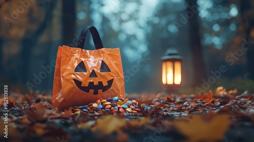 A festive Halloween scene featuring a jack-o'-lantern bag filled with candy, surrounded by colorful autumn leaves and a glowing lantern in a misty forest.