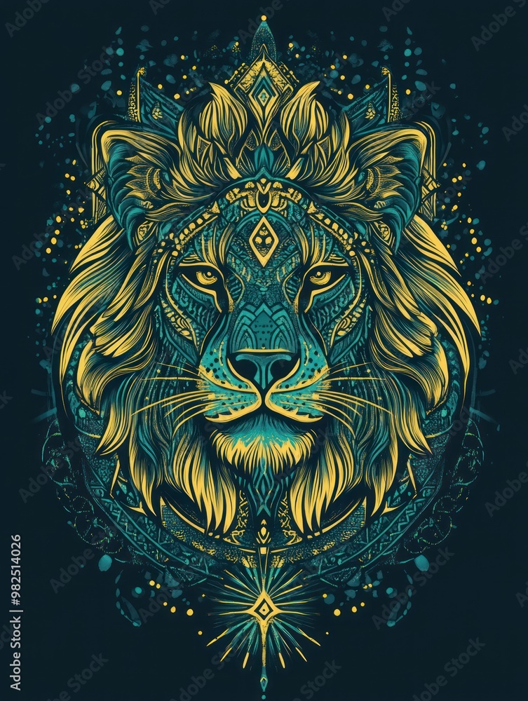 A detailed, stylized illustration of a lion's head with intricate patterns and a crown on a dark blue background.