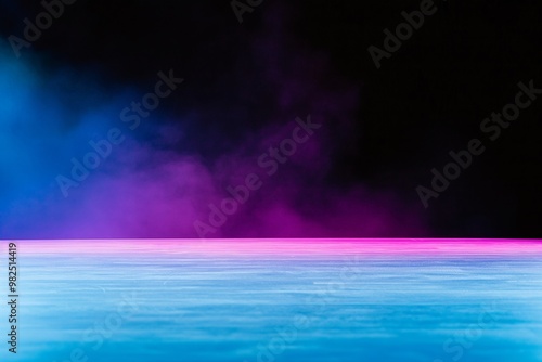 Smoky stage with blue and purple lighting effects. Concert and performance concept. Image for event poster and album cover. Low angle view with fog and copy space. photo